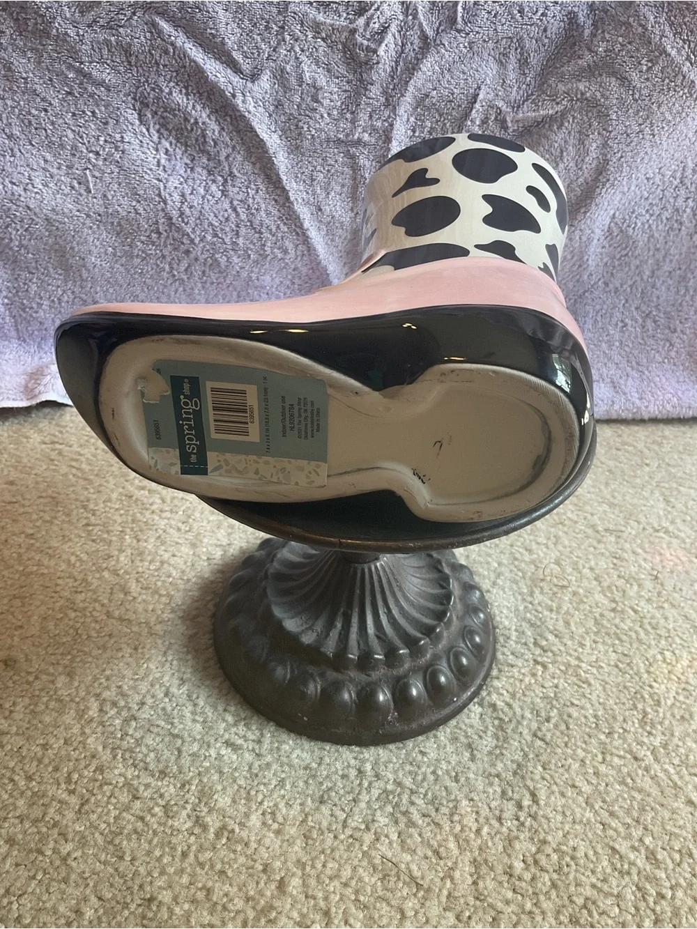 Ceramic Pink and Black Cow-Print Boot Vase